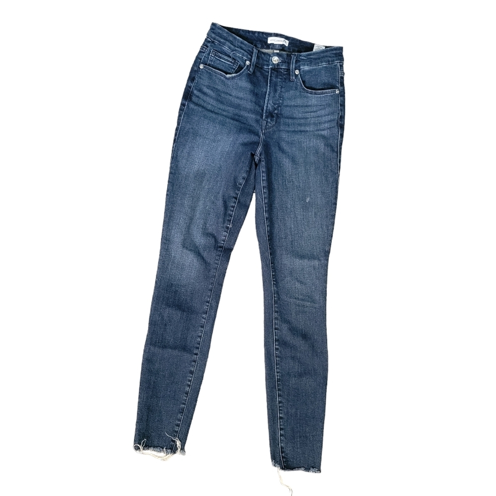 Good American Good Legs Skinny Jeans in  Dark Wash Raw Frayed Hem